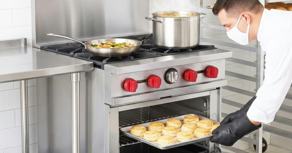 A chef wearing black gloves placing a large metal pan of biscuits inside a commercial gas-powered oven.