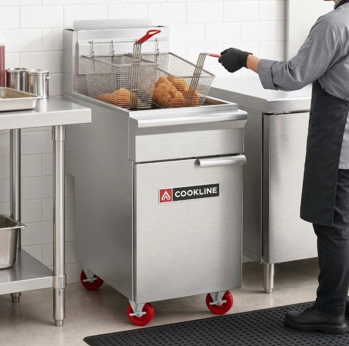 A chef grabs a basket full of food from the fryer in a kitchen. Another basket full of food sits in the fryer.