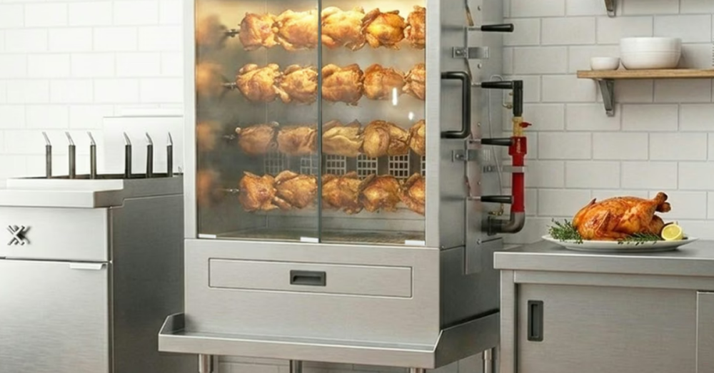 A rotisserie chicken oven on a metal countertop inside a commercial kitchen. Chickens roast on every spit inside.