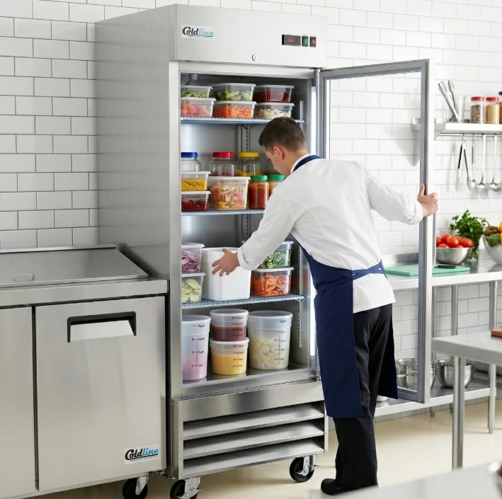 A chef picking up a large white bin inside a tall commercial reach-in refrigerator inside a kitchen.