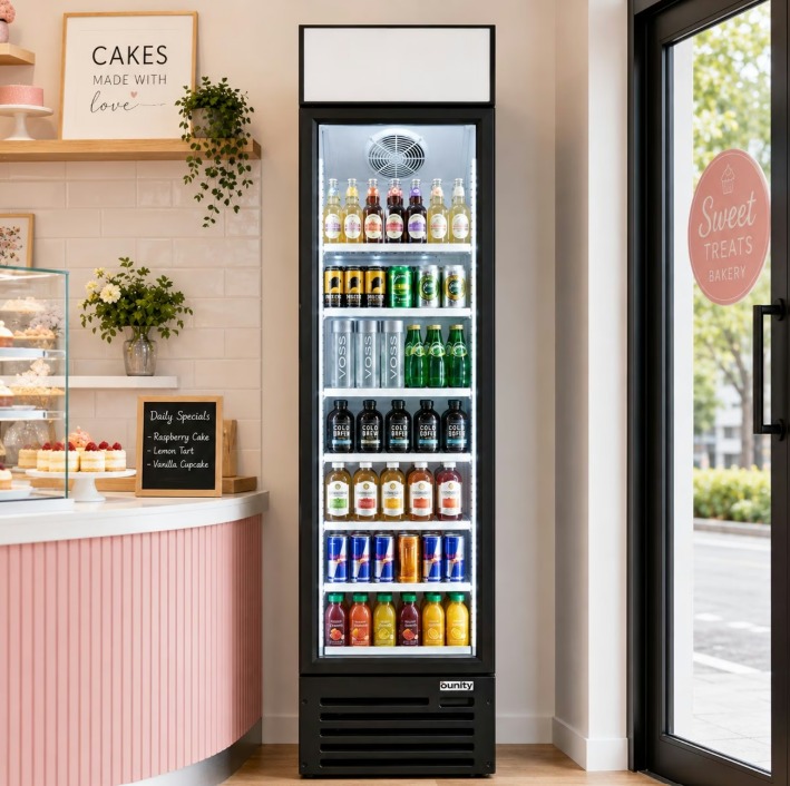 A tall reach-in fridge inside a shop during the daytime. The fridge sits near the entrance to the building.