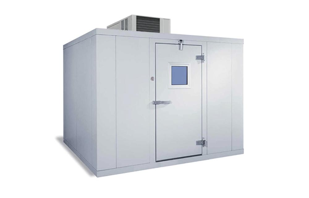 A tall, wide, dark gray walk-in cooler unit with its door closed. The door has a small window in its center.