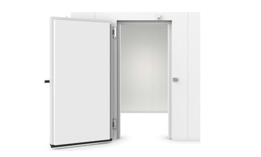 A tall white walk-in cooler with its front door wide open. The walk-in cooler is completely empty inside.