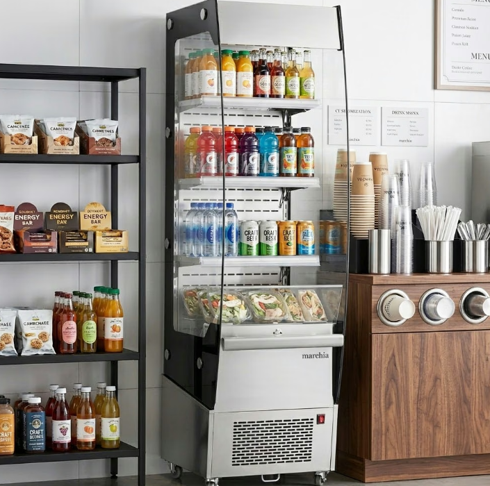 A fully stocked open air cooler against a white wall in a store. The cooler sits beside a shelf full of food.