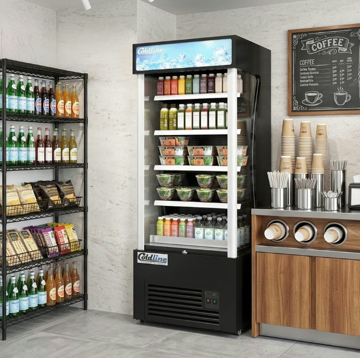 A tall open air cooler fully stocked with food and drinks. The cooler sits in the corner of the store.