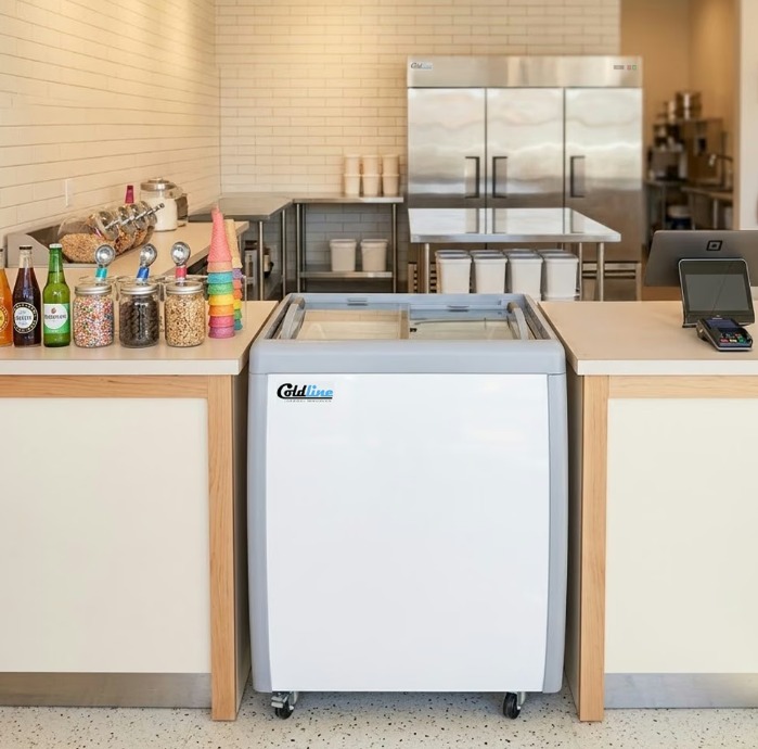 A small, white gelato freezer installed between two wooden counters in a small shop during the daytime.