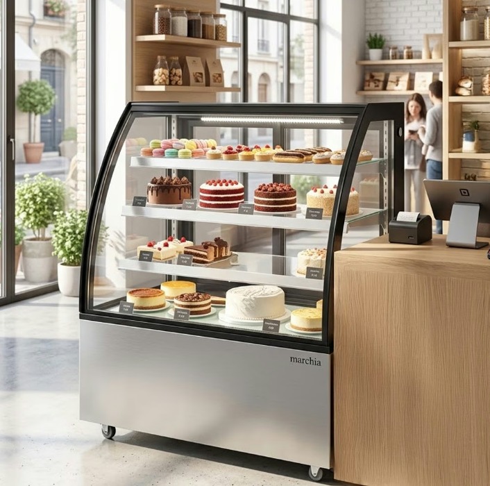 A tall refrigerated bakery display case full of colorful cakes. The display case sits beside large windows in a shop.
