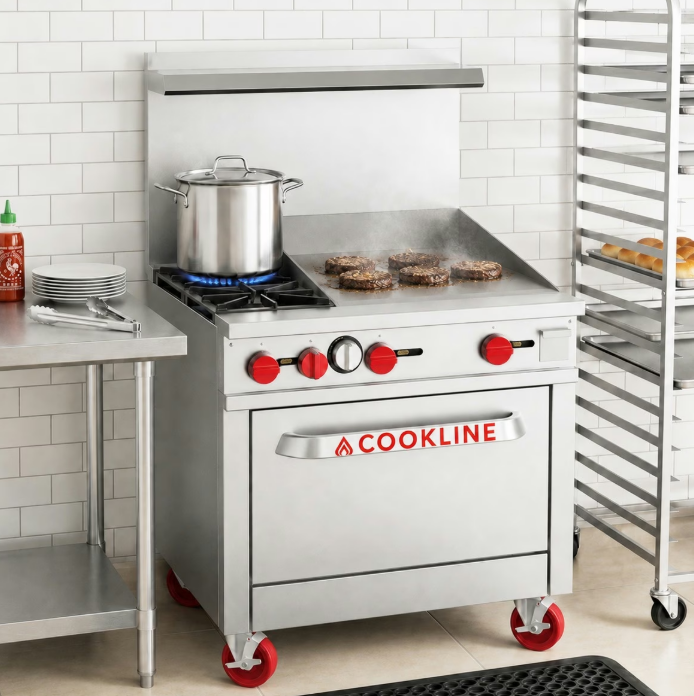 A commercial oven with a griddle next to the stovetop. Five hamburgers cook on the griddle in the kitchen.