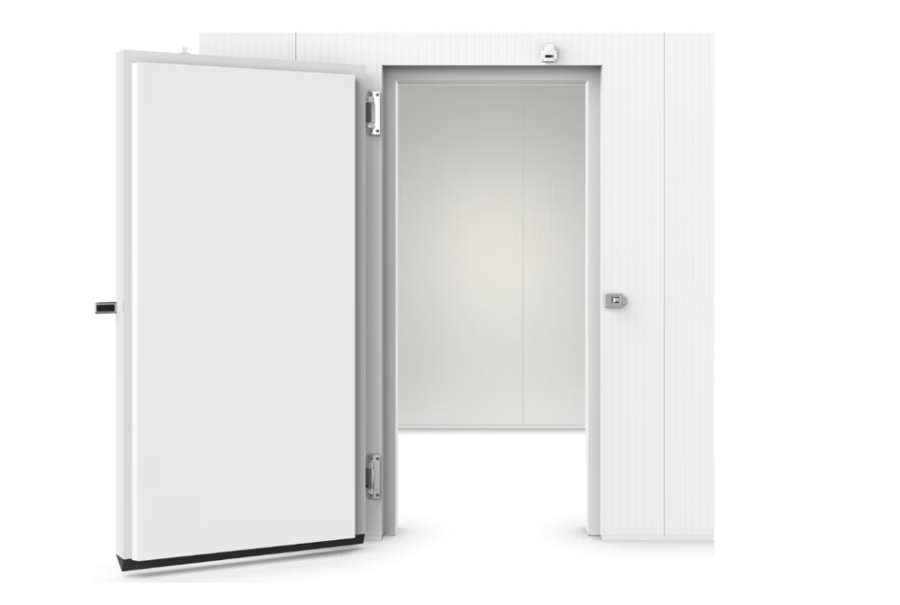 A light gray metal, walk-in commercial refrigerator with an open door. The metal fridge is entirely empty.