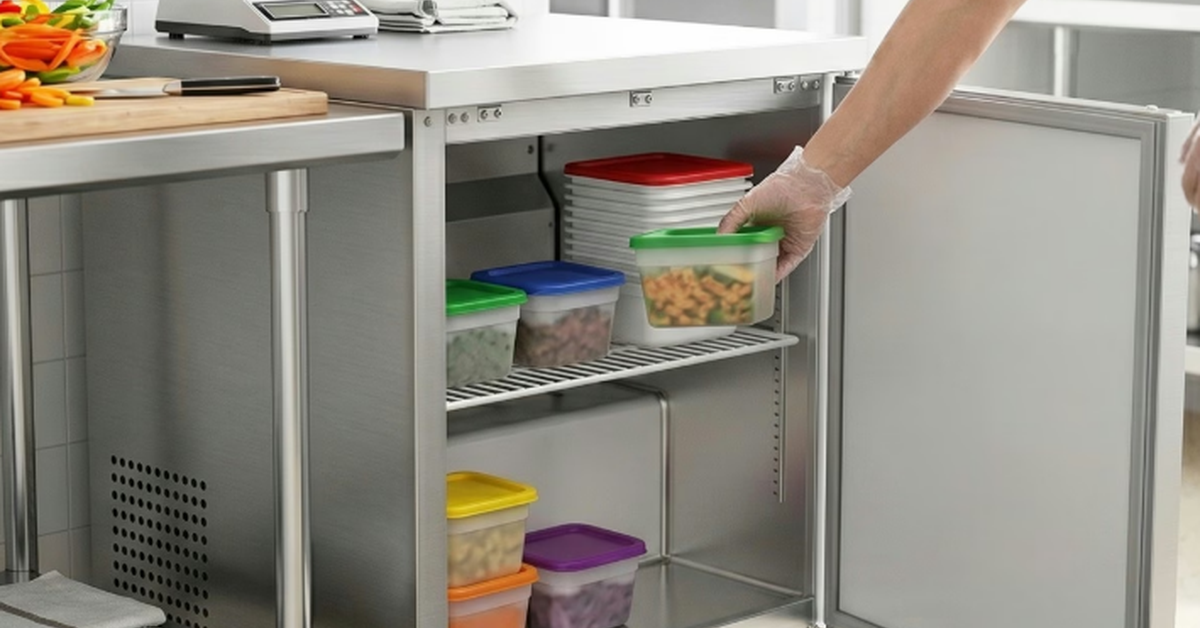 A person removing a small container of ingredients from an undercounter freezer in a commercial kitchen.