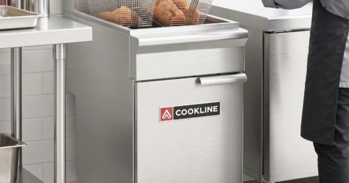 A person wearing black gloves removing a basket full of food from a fryer. Another basket cooks nearby.