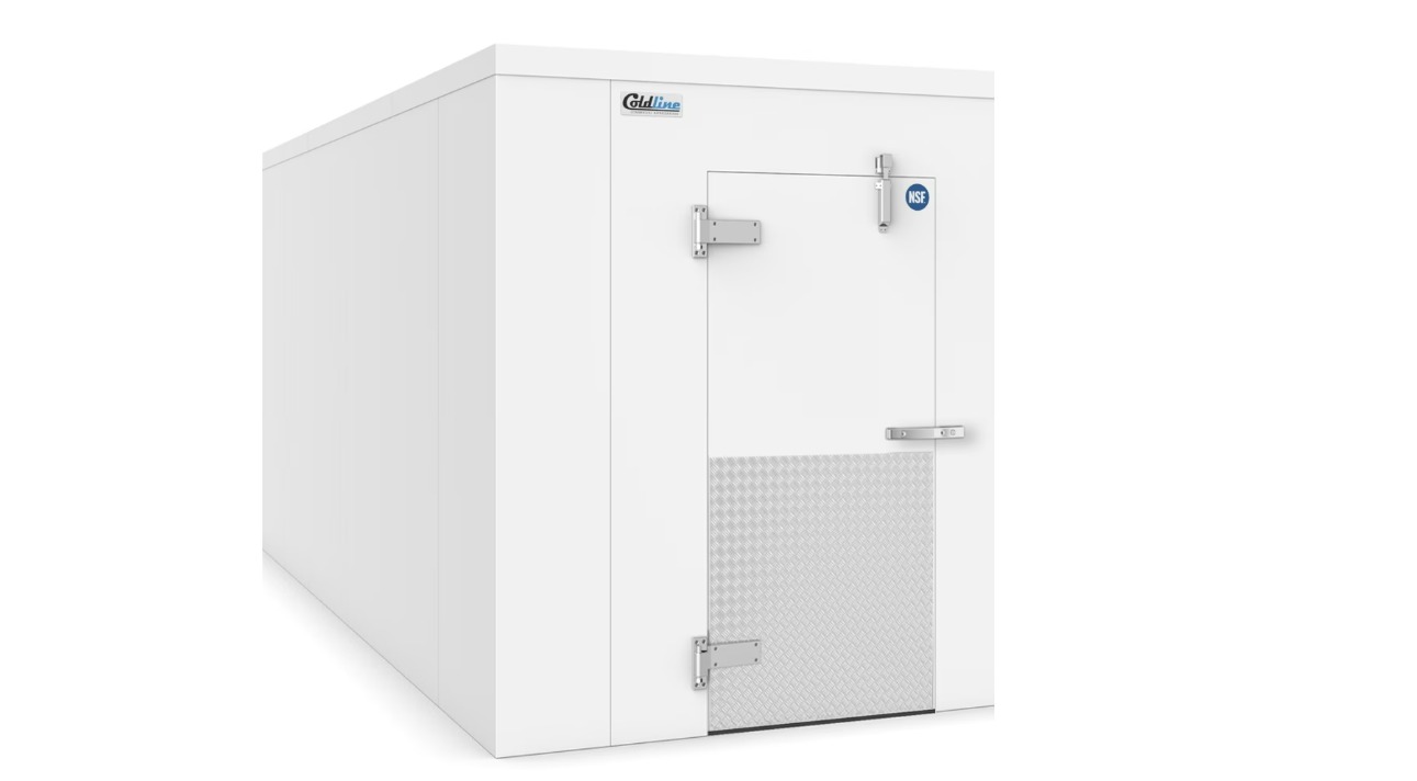 A large walk-in cooler unit with its door closed. A label reads "Coldine" at the top of the cooler.