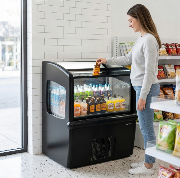 A person smiling and removing a brown bottle from an open air cooler inside a shop. The cooler is full of drinks.