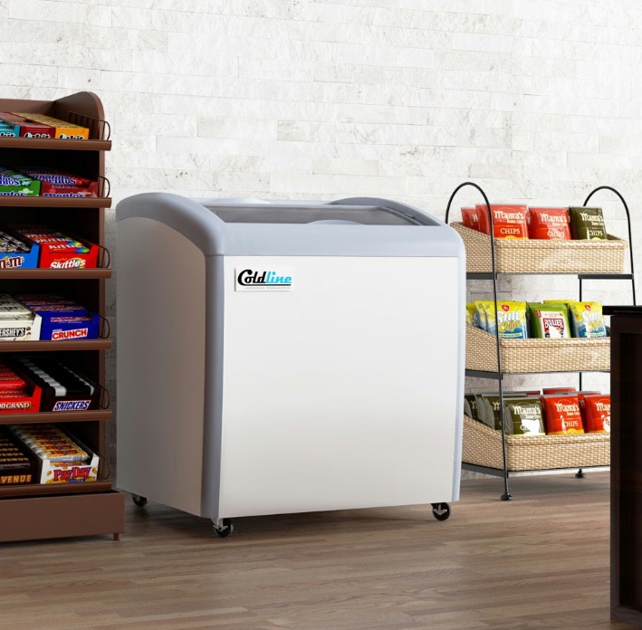 A small ice cream freezer in a shop. The freezer has a small label on the front that says "Coldline."