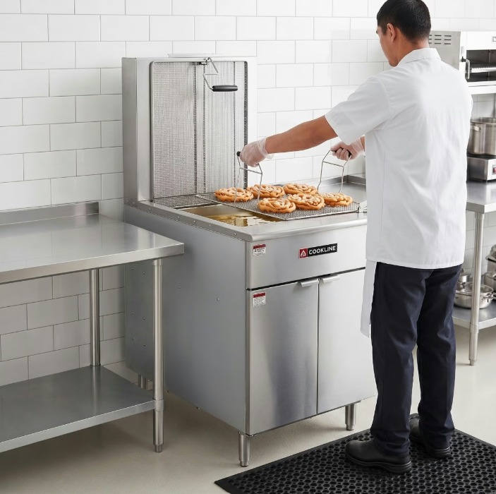 A baker holding a metal tray full of six funnel cakes over a flat-bottom fryer in a commercial kitchen.