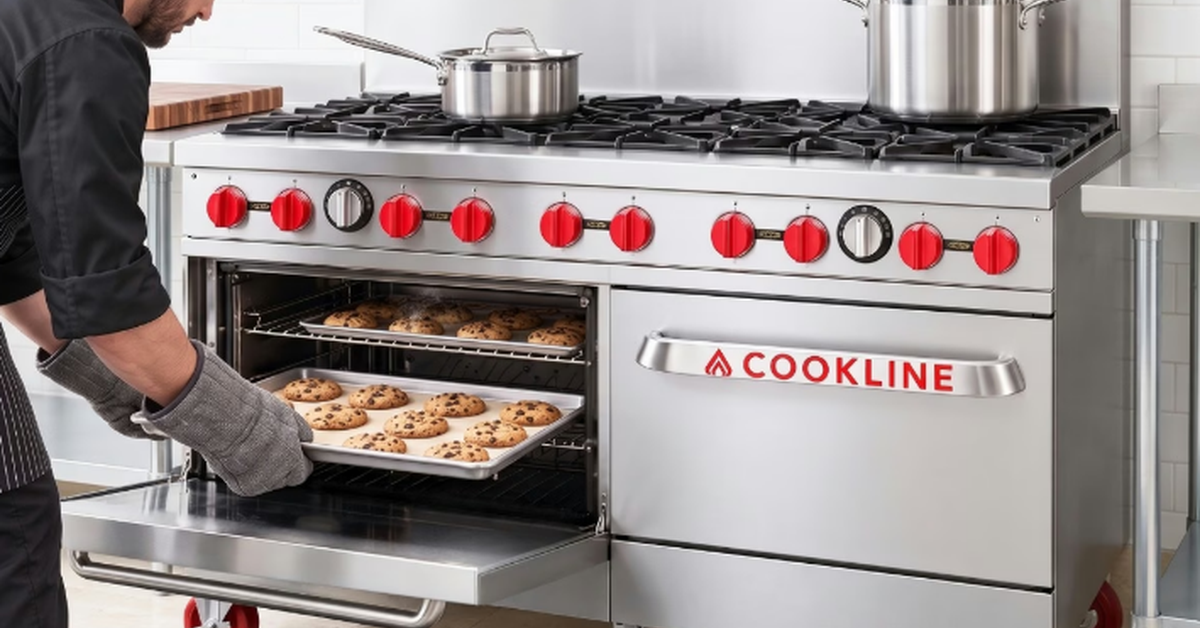 A chef wearing a black uniform places a second tray of cookies inside an oven under a large gas range.