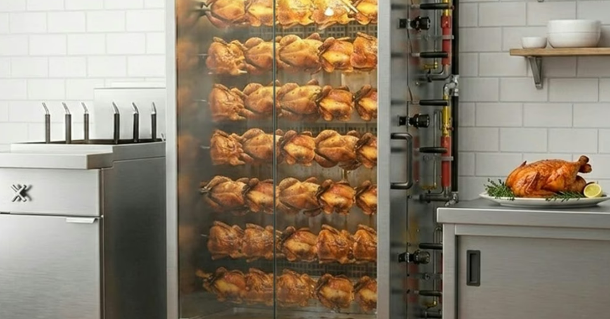 A tall rotisserie chicken oven in a commercial kitchen. The oven is full of whole rotisserie chickens.