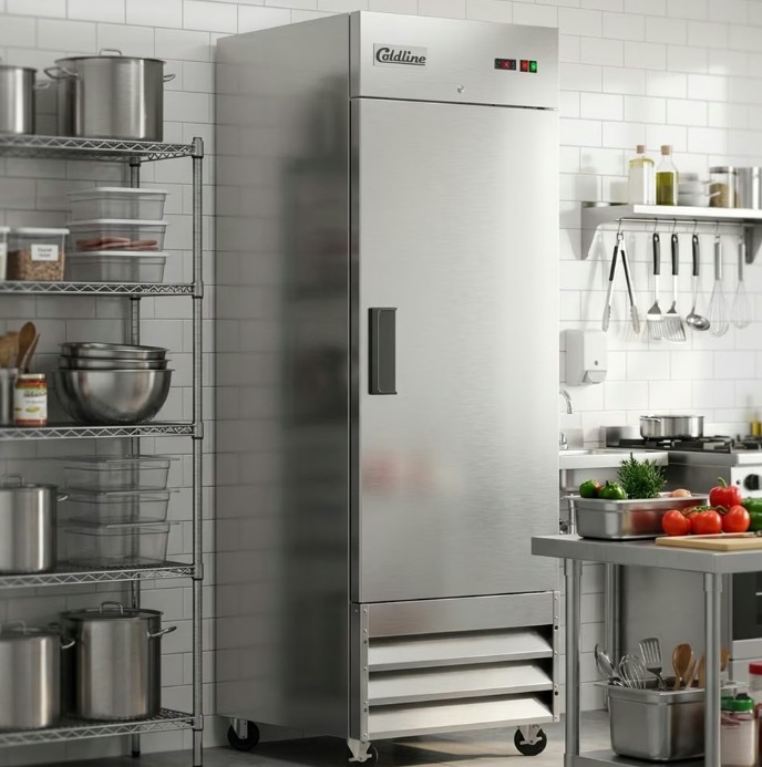 A tall, silver metal commercial refrigerator with its door closed inside a large restaurant kitchen.