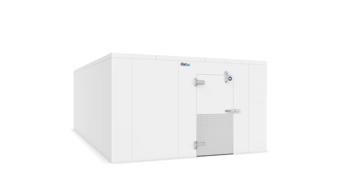 A wide, metal, walk-in commercial refrigerator with a closed door. A label on the metal door says "NSF."
