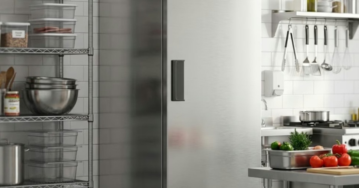 A tall, metal, single-door reach-in freezer next to metal shelves inside a large commercial kitchen.