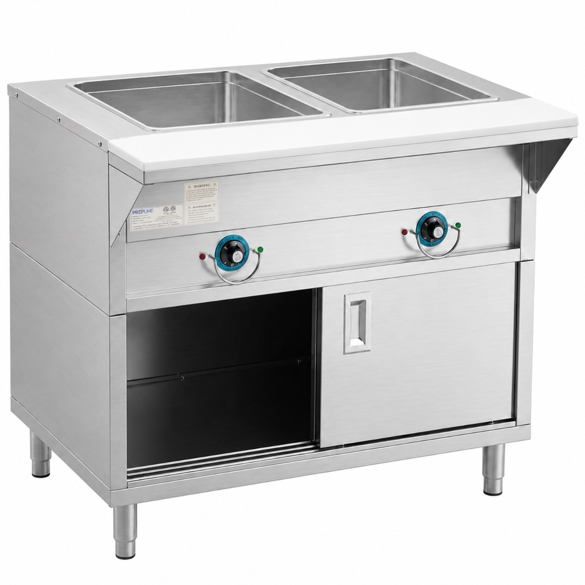 Prepline 32" Two Pan Sealed Well Electric Hot Food Steam Table with Enclosed Base and Sliding Doors - 120V, 1000W