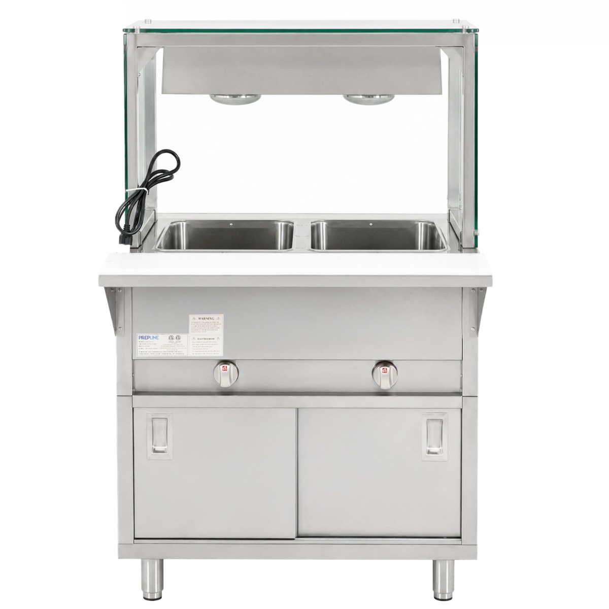 Prepline 32" Two Pan Sealed Well Gas Hot Food Steam Table with Lighted Sneeze Guard and Sliding Doors