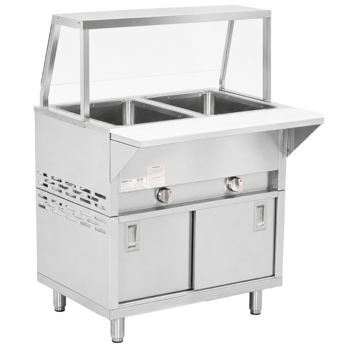 Prepline 32" Two Pan Sealed Well Gas Hot Food Steam Table with Sneeze Guard and Sliding Doors