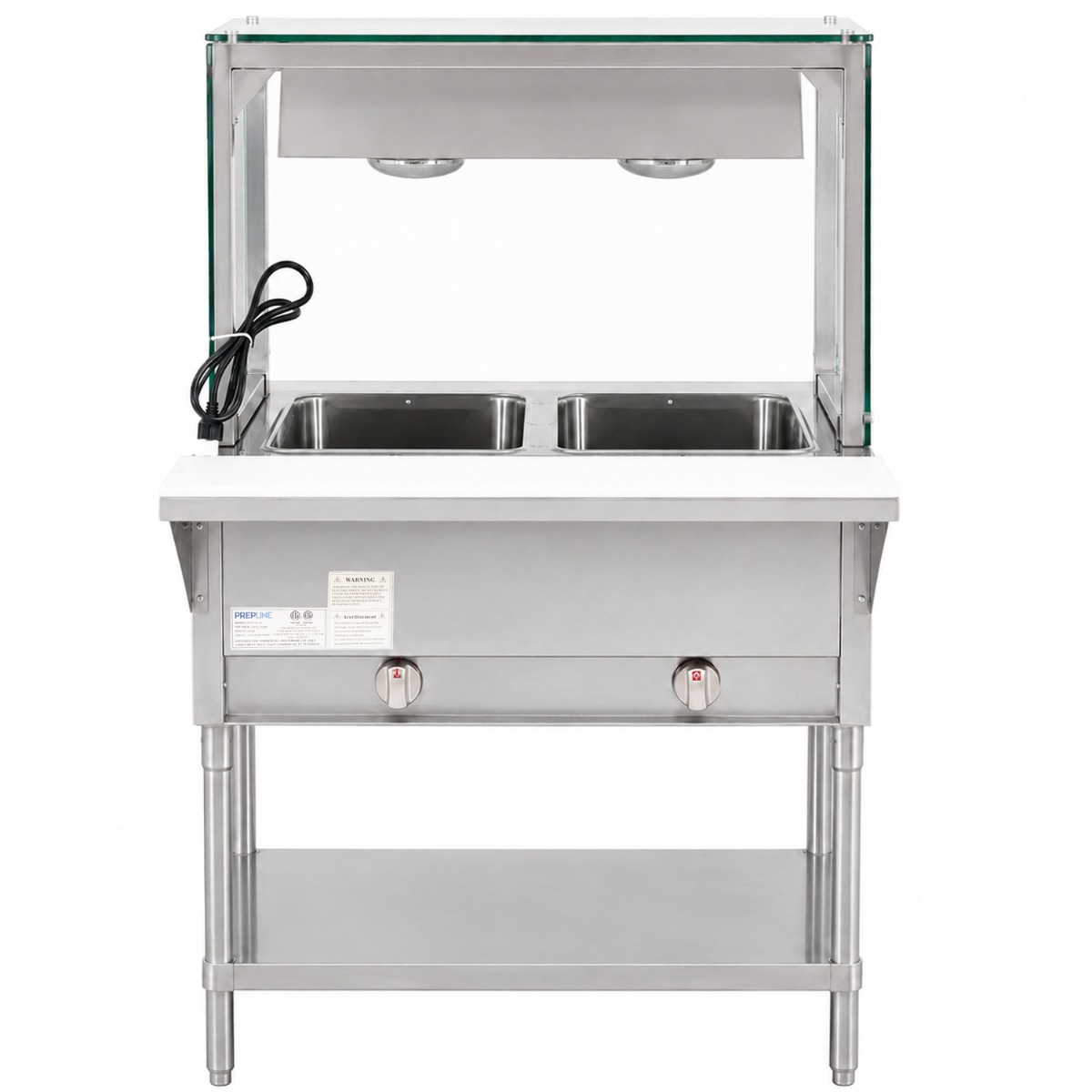 Prepline 32" Two Well Gas Hot Food Steam Table with Lighted Sneeze Guard and Undershelf
