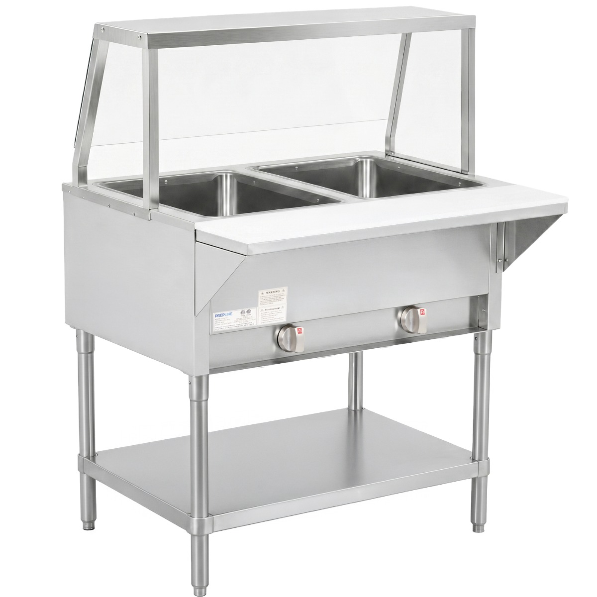 Prepline 32" Two Well Gas Hot Food Steam Table with Sneeze Guard and Undershelf