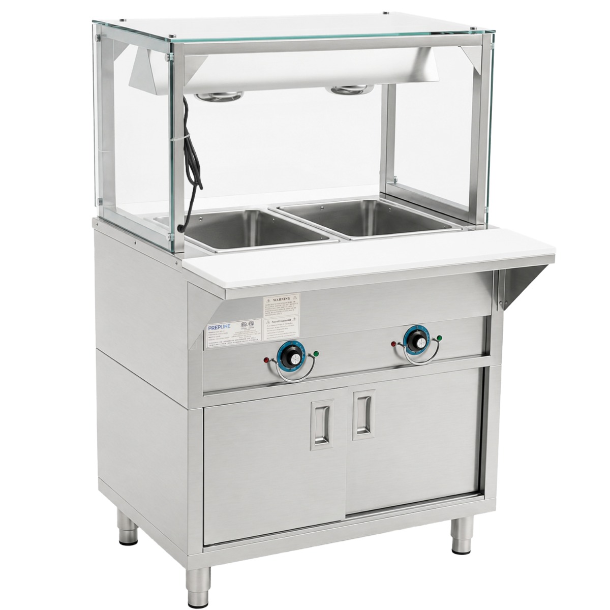 Prepline 32" Two Pan Sealed Well Electric Hot Food Steam Table with Lighted Sneeze Guard and Enclosed Base - 120V