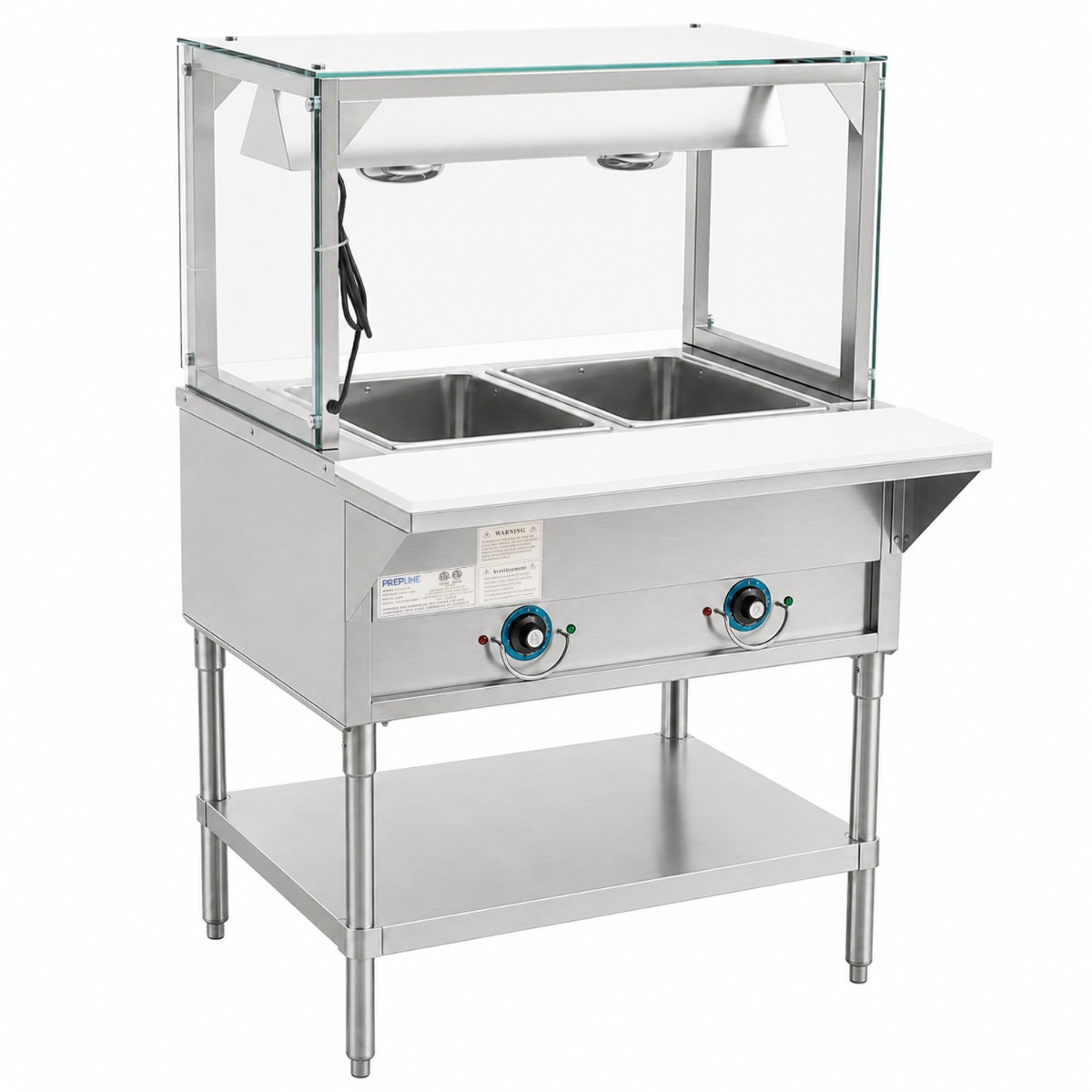 Prepline 32" Two Well Electric Hot Food Steam Table with Lighted Sneeze Guard and Undershelf - 120V