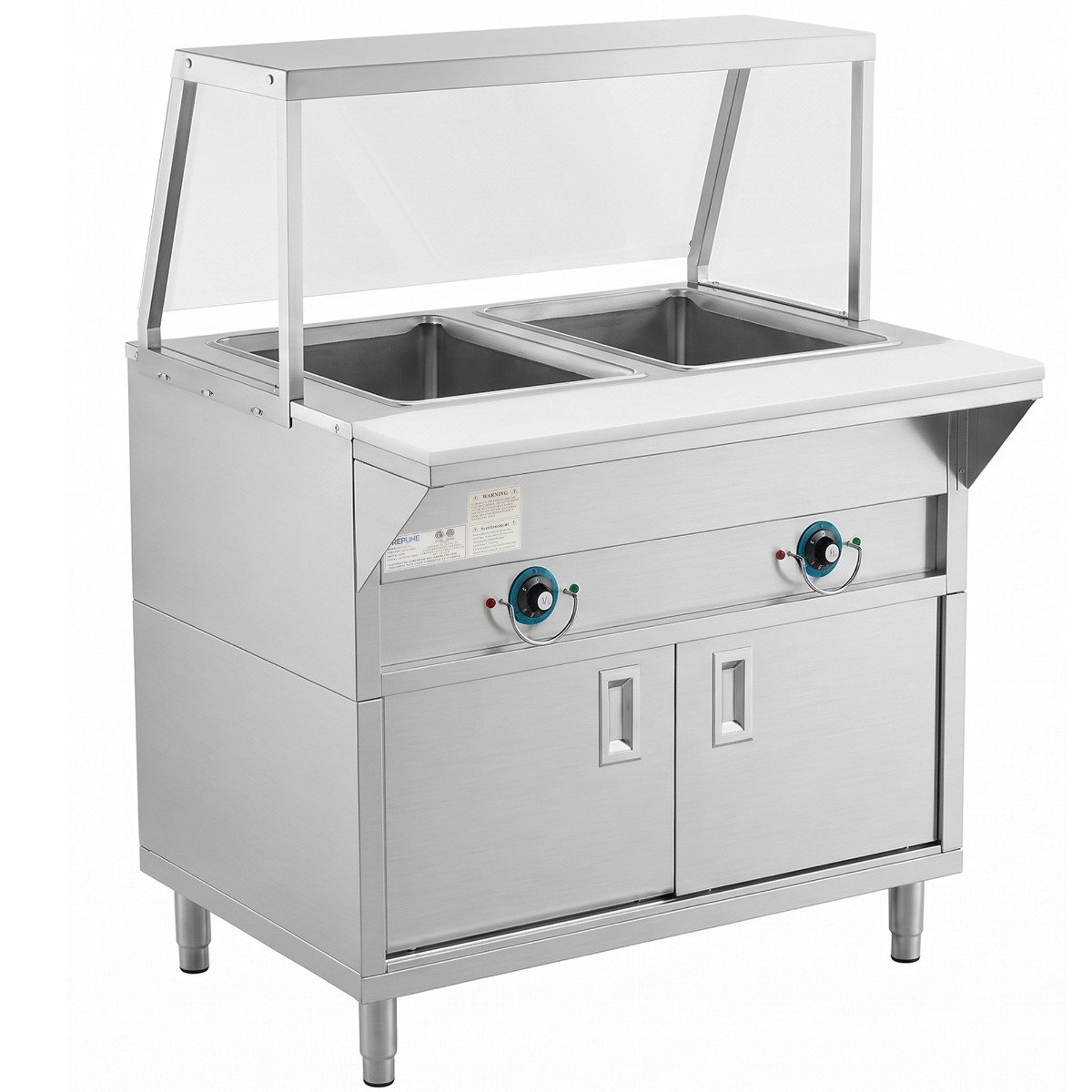 Prepline 32" Two Pan Sealed Well Electric Hot Food Steam Table with Sneeze Guard and Enclosed Base - 120V, 1000W