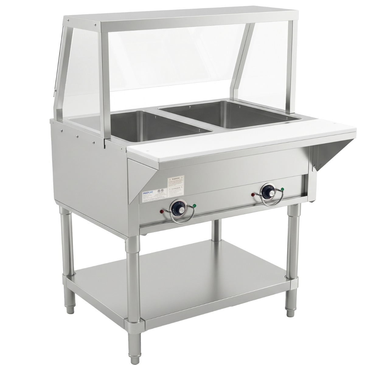 Prepline 32" Two Well Electric Hot Food Steam Table with Sneeze Guard and Undershelf - 120V