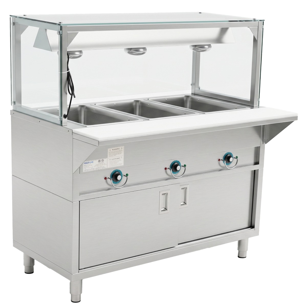 Prepline 48" Three Pan Sealed Well Electric Hot Food Steam Table with Lighted Sneeze Guard and Enclosed Base - 120V, 1500W