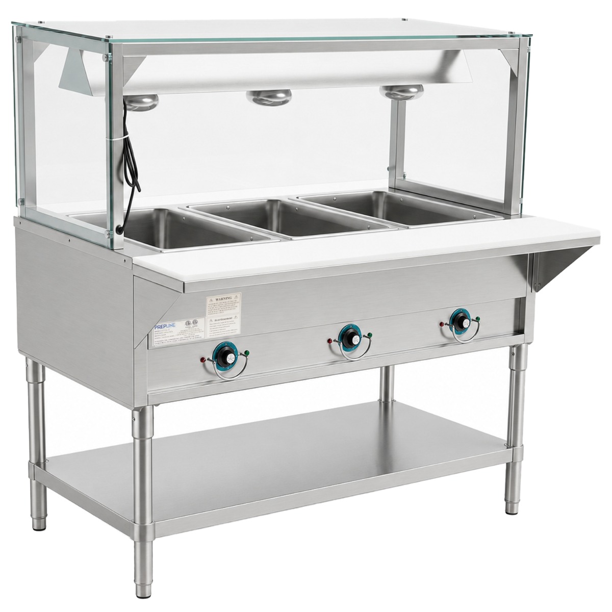 Prepline 48" Three Well Electric Hot Food Steam Table with Lighted Sneeze Guard and Undershelf - 120V, 1500W