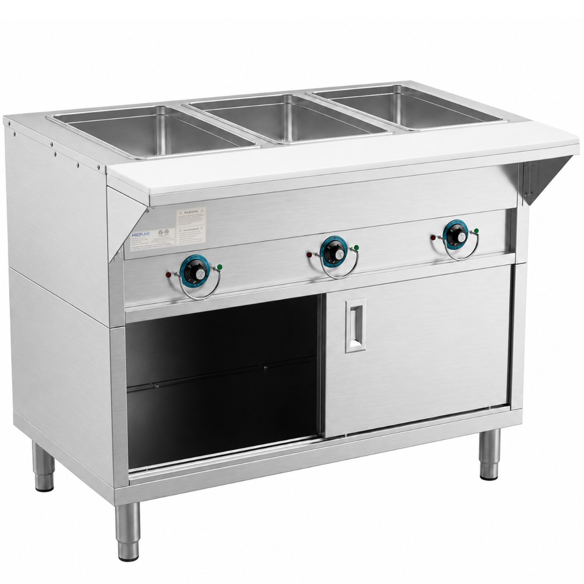 Prepline 48" Three Pan Sealed Well Electric Hot Food Steam Table with Enclosed Base and Sliding Doors - 120V, 1500W