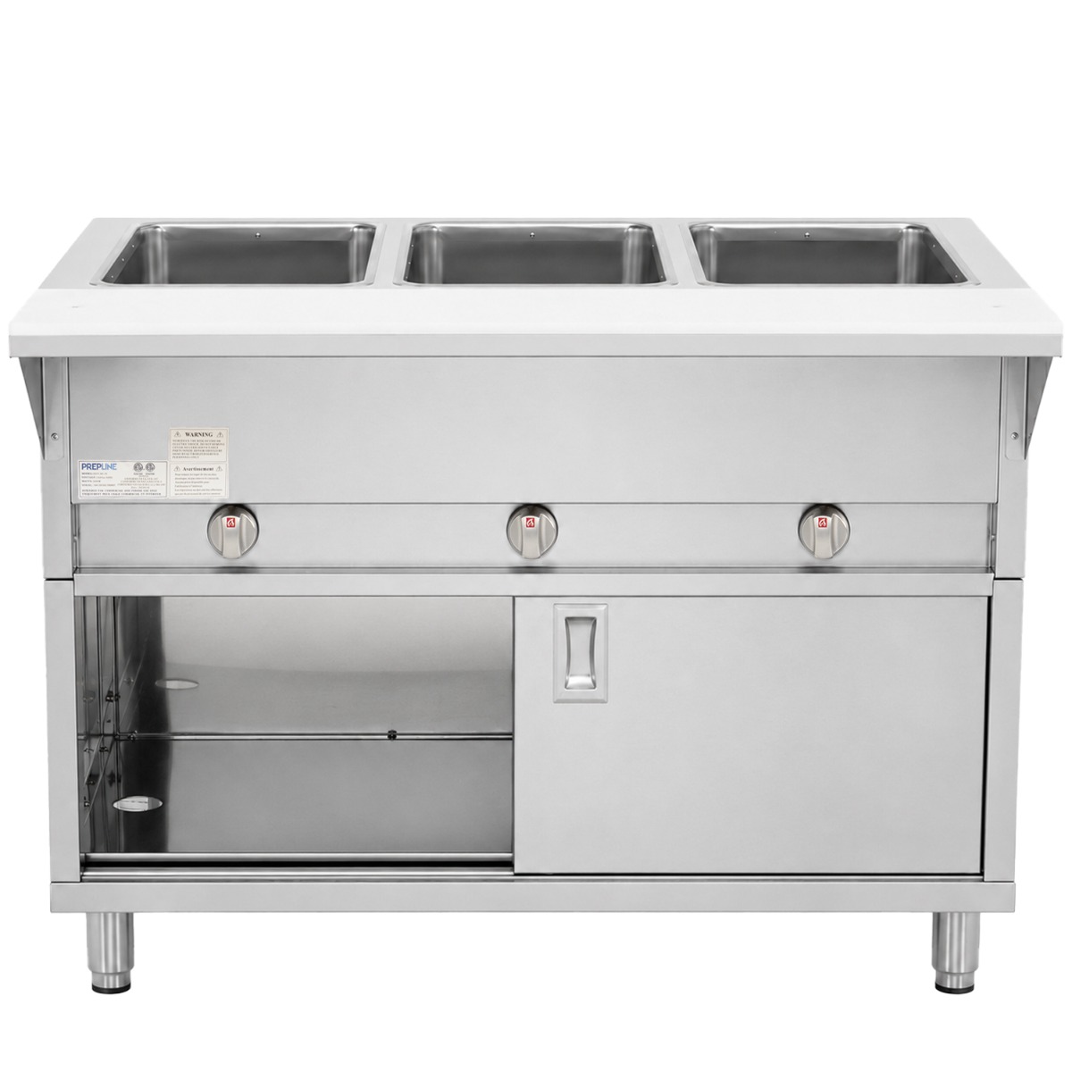 Prepline 48" Three Pan Sealed Well Gas Hot Food Steam Table with Enclosed Base and Sliding Doors