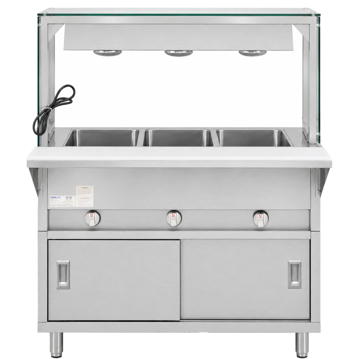 Prepline 48" Three Pan Sealed Well Gas Hot Food Steam Table with Lighted Sneeze Guard and Sliding Doors