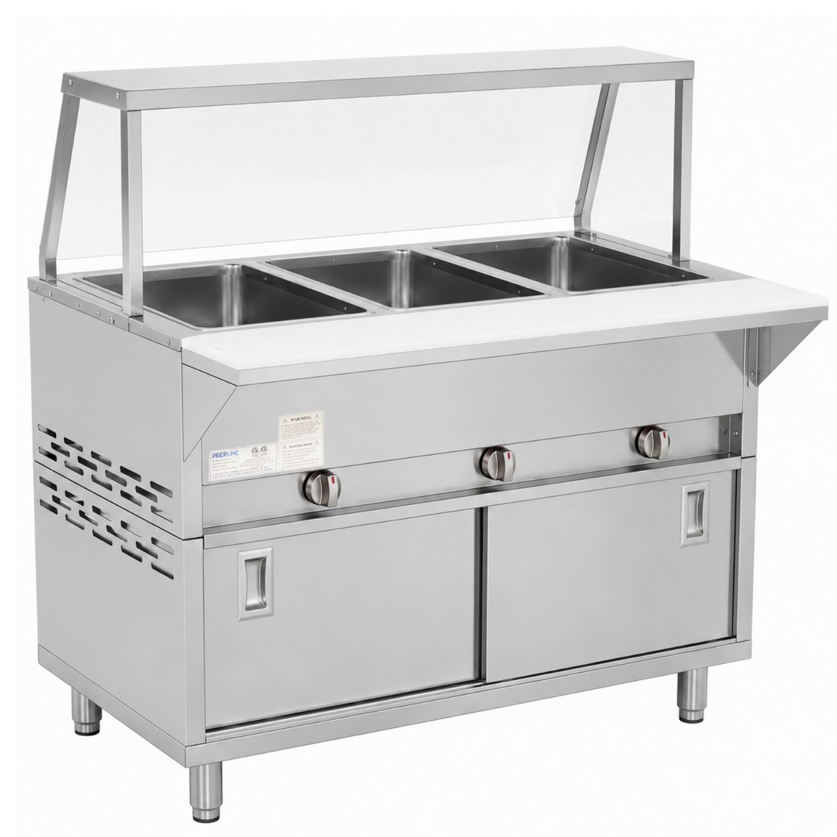 Prepline 48" Three Pan Sealed Well Gas Hot Food Steam Table with Sneeze Guard and Sliding Doors