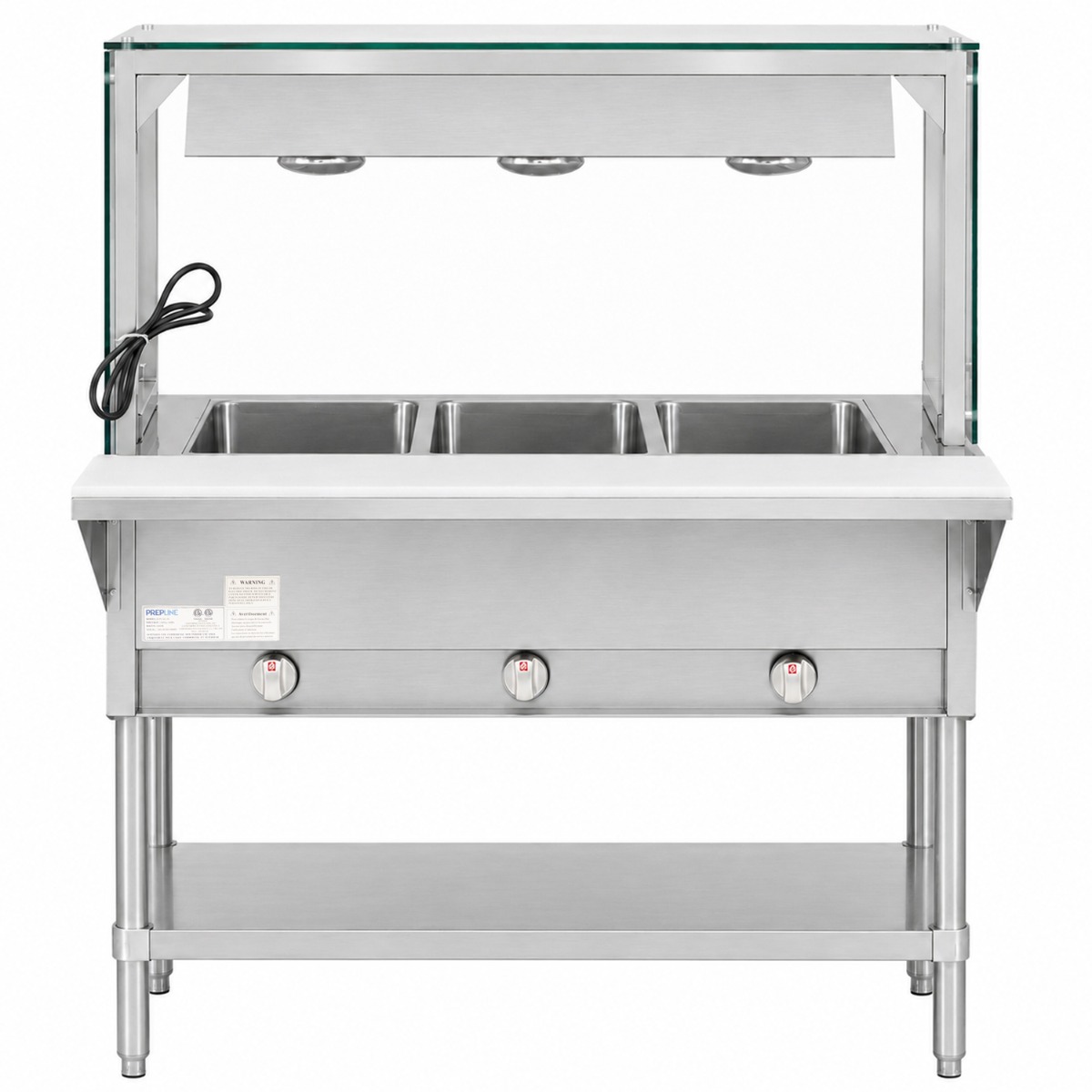 Prepline 48" Three Well Gas Hot Food Steam Table with Lighted Sneeze Guard and Undershelf
