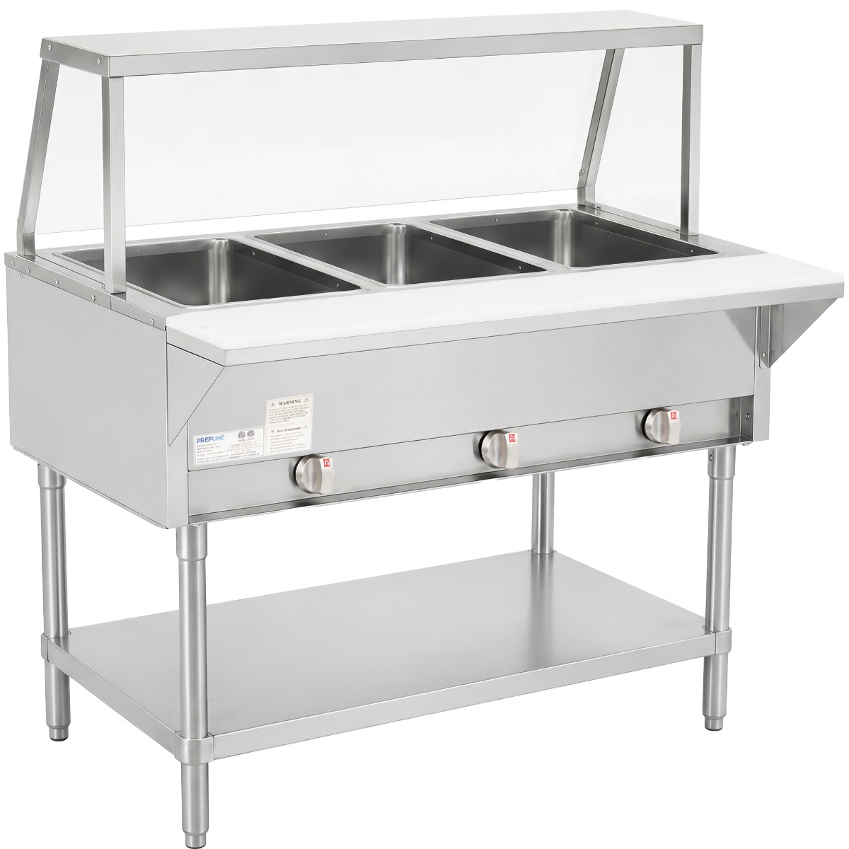 Prepline 48" Three Well Gas Hot Food Steam Table with Sneeze Guard and Undershelf