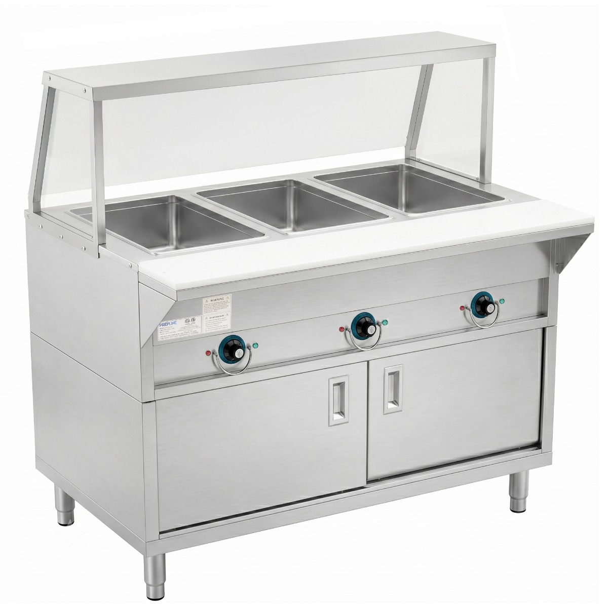 Prepline 48" Three Pan Sealed Well Electric Hot Food Steam Table with Sneeze Guard and Enclosed Base - 120V, 1500W