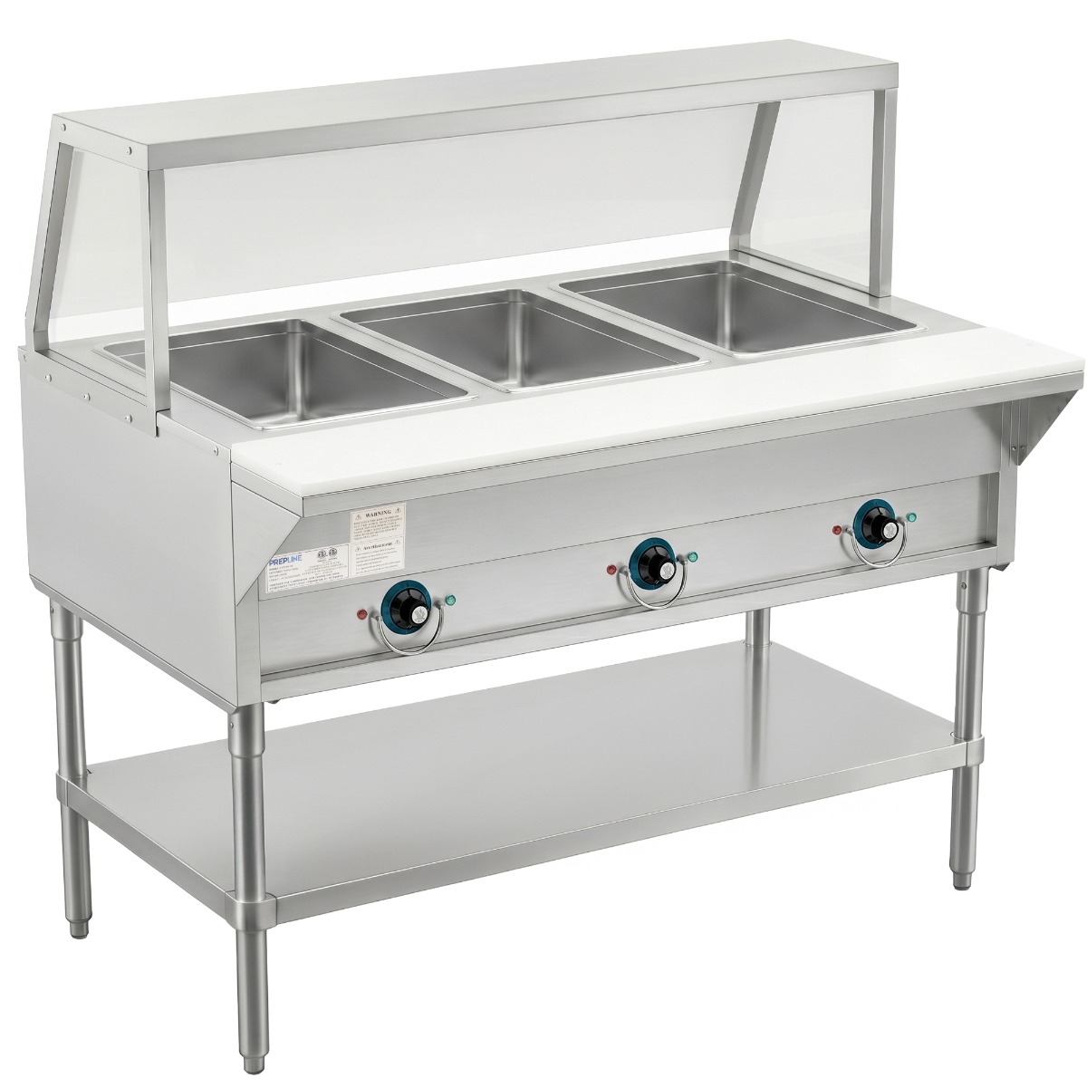 Prepline 48" Three Well Electric Hot Food Steam Table with Sneeze Guard and Undershelf - 120V, 1500W
