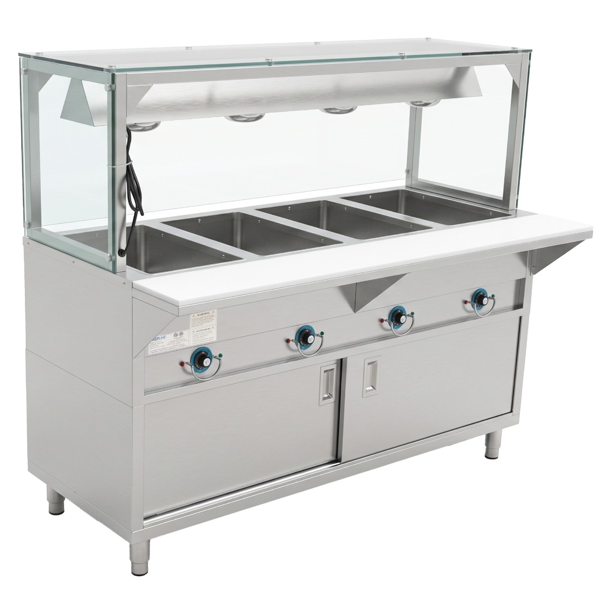 Prepline 60" Four Pan Sealed Well Electric Hot Food Steam Table with Lighted Sneeze Guard and Enclosed Base - 110V