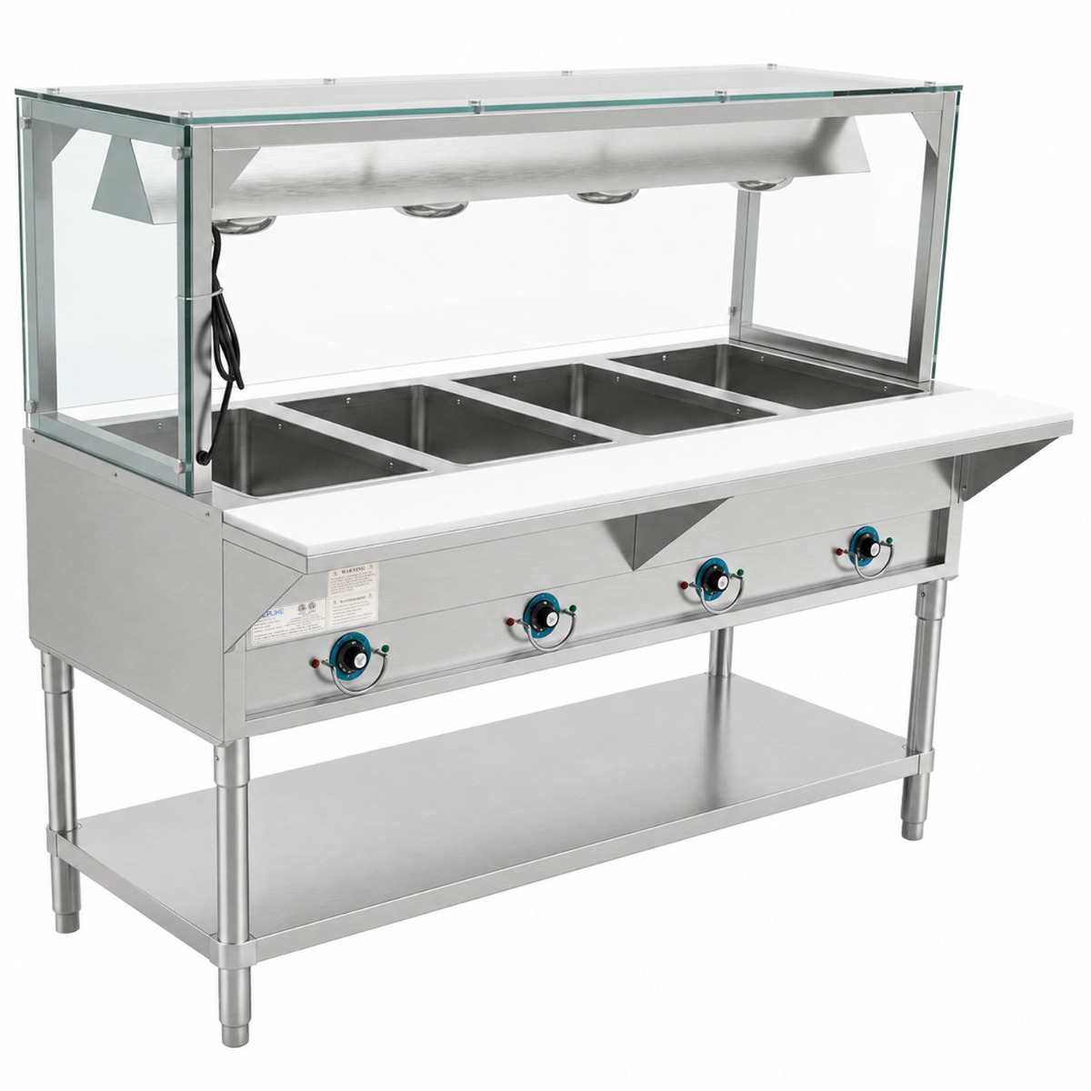 Prepline 60" Four Well Electric Hot Food Steam Table with Lighted Sneeze Guard and Undershelf - 110V