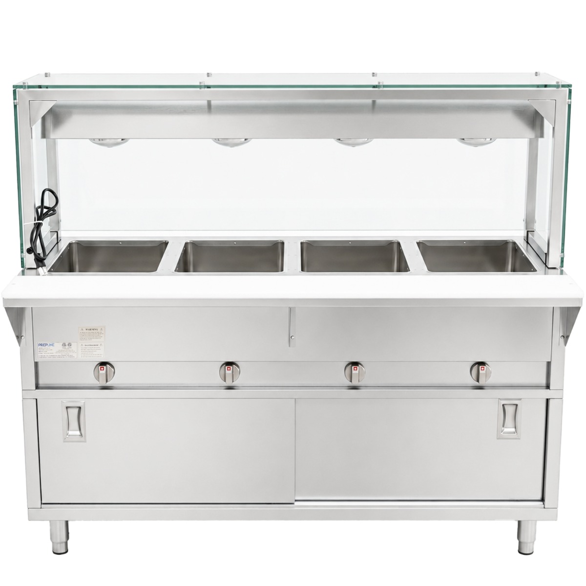 Prepline 60" Four Pan Sealed Well Gas Hot Food Steam Table with Lighted Sneeze Guard and Sliding Doors