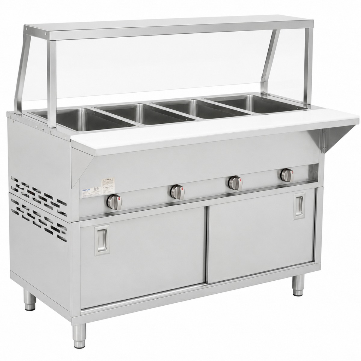 Prepline 60" Four Pan Sealed Well Gas Hot Food Steam Table with Sneeze Guard and Sliding Doors