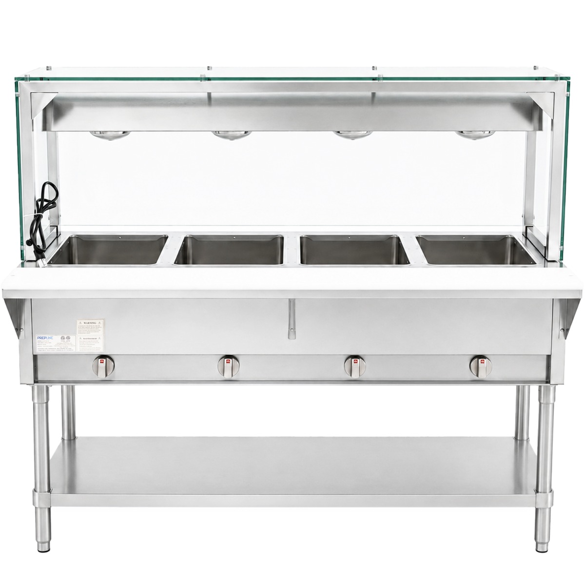 Prepline 60" Four Well Gas Hot Food Steam Table with Lighted Sneeze Guard and Undershelf