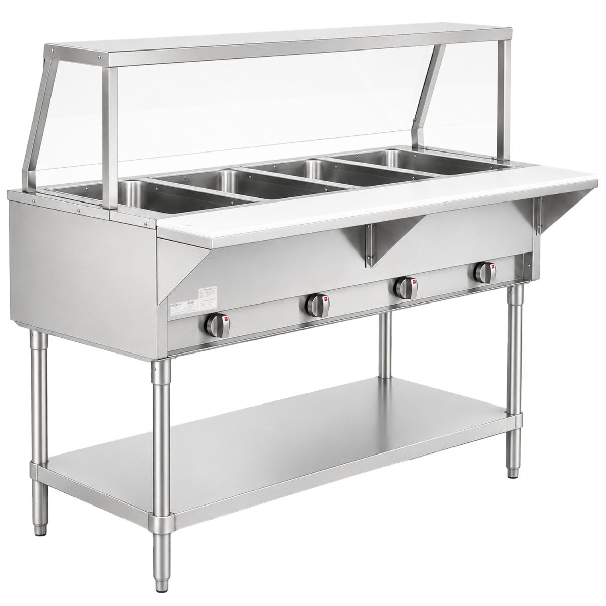 Prepline 60" Four Well Gas Hot Food Steam Table with Sneeze Guard and Undershelf
