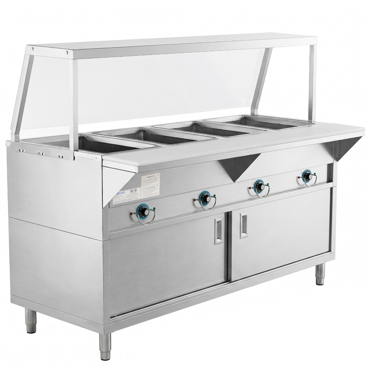 Prepline 60" Four Well Electric Hot Food Steam Table with Sneeze Guard and Enclosed Base - 120V